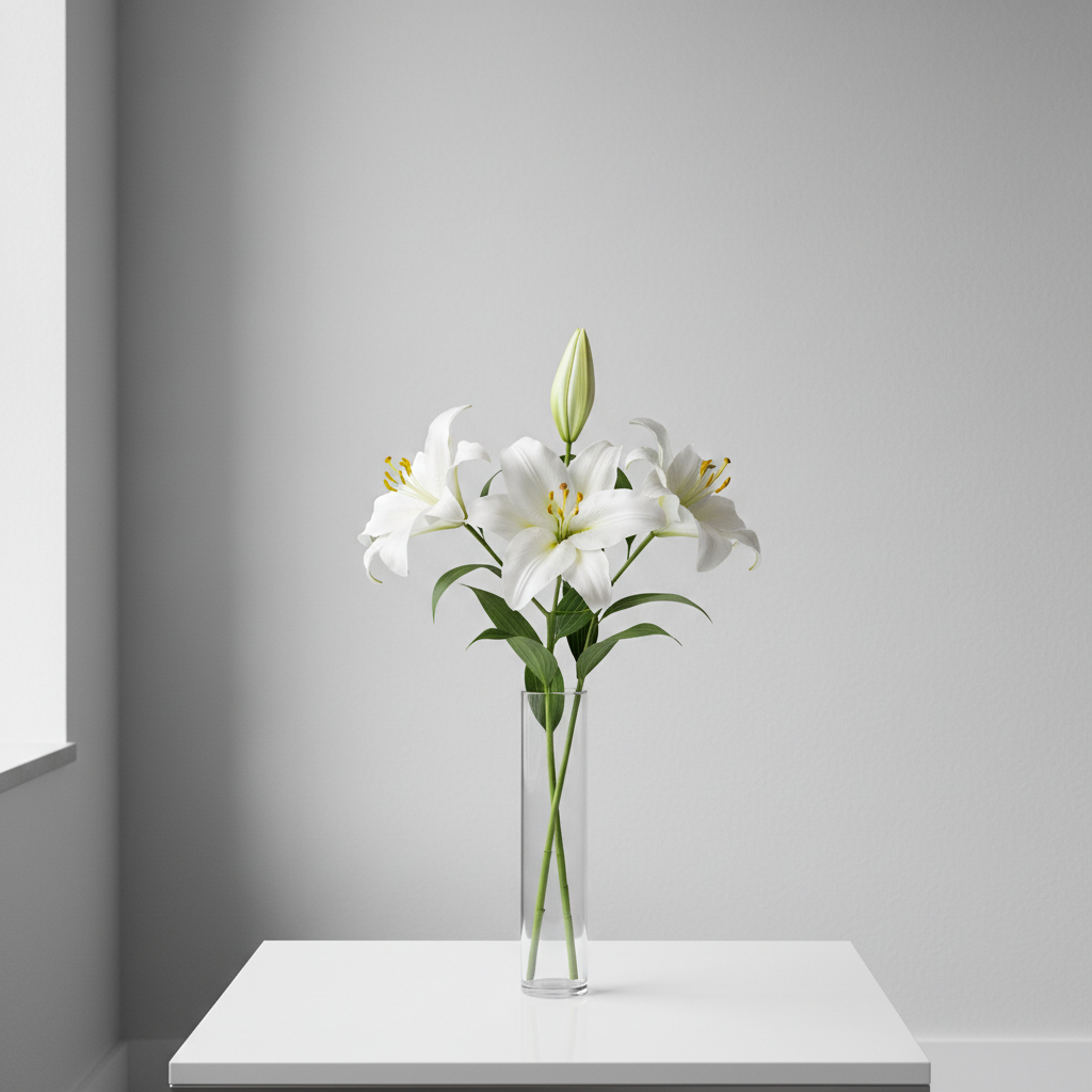 Minimal, modern bir iç mekânda, ince cam bir silindirik vazoda tek tür beyaz zambak aranjmanı. Zambakların geniş, parlak yaprakları ve hafif yeşil gövdeleri net ayrıntılarla seçiliyor, taç yapraklarının içindeki sarı polenler detaylı biçimde görünür. Vazo, mat beyaz bir sehpanın ortasında, arkada açık gri, dokusuz bir duvar önünde duruyor. Yan taraftaki geniş pencereden gelen dağılmış gün ışığı çiçekleri yumuşakça aydınlatıyor, neredeyse gölgesiz, sakin bir ışık oluşturuyor. Kompozisyon merkezde, göz hizasında ve bol negatif alanla; atmosfer sakin, rafine, profesyonel ve zarif. Fotoğrafik gerçekçilik, temiz çizgiler ve düzenli bir blog görsel dili için ideal.