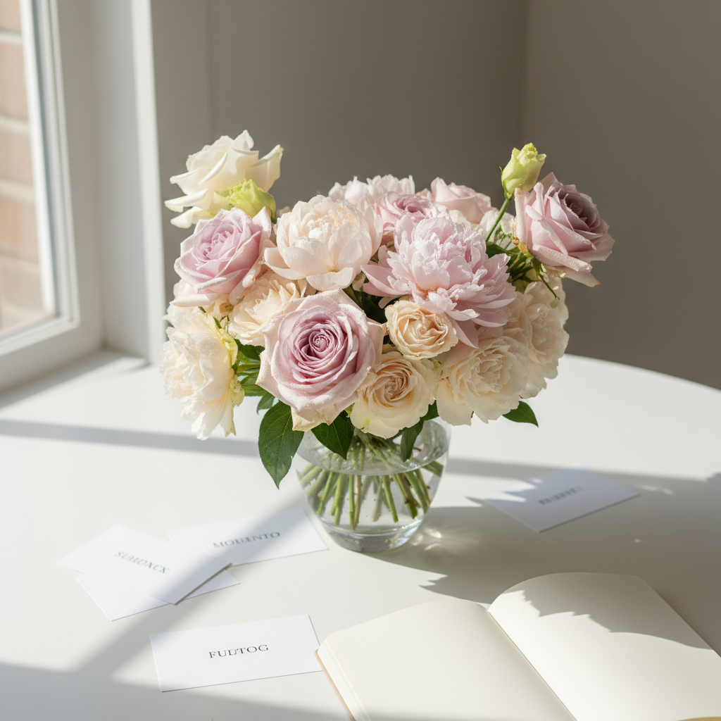 Profesyonel bir çiçek blogunun ana sayfası için, beyaz zemin üzerinde düzenlenmiş zarif bir çiçek atlası kompozisyonu. Ortada kristal cam bir vazoda pastel tonlarda güller, şakayıklar ve lisyantuslar, taç yapraklarında yumuşak dokular ve taze damlacıklar görülüyor. Etrafına düz beyaz kartlara yazılmış botanik isim etiketleri ve açık krem renkli bir not defteri serpiştirilmiş. Pencere kenarından gelen doğal, yumuşak sabah ışığı çiçeklerin renklerini nazikçe vurguluyor, hafif gölgeler masaya düşüyor. Hafif yukarıdan, kuş bakışı açıya yakın, sığ alan derinliğiyle çekilmiş, arka plan hafifçe bulanık. Atmosfer sakin, bilgisel ve ilham verici; net, modern, fotoğrafik gerçekçilikte, temiz ve düzenli bir estetikle.