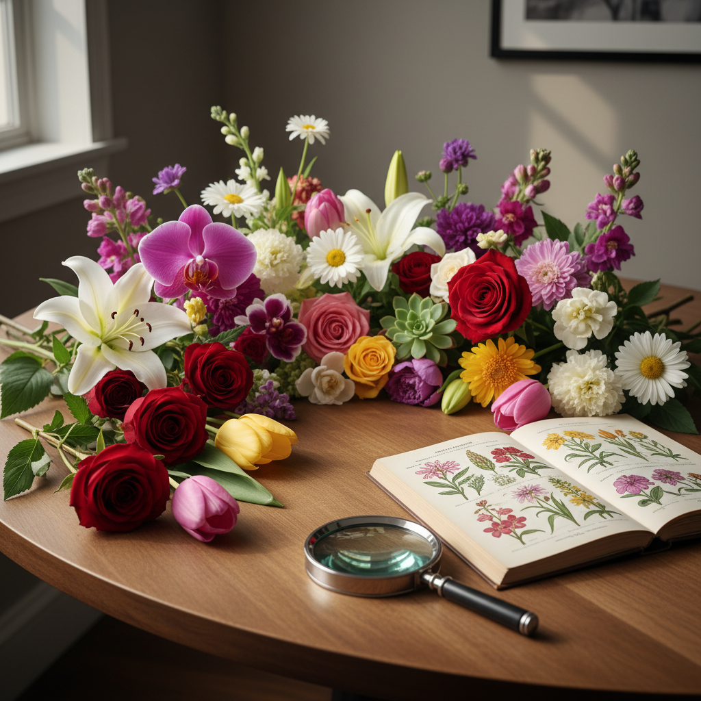 Geniş kadrajlı, ahşap bir masa üzerinde yarım daire şeklinde dizilmiş farklı çiçek türlerinden oluşan zengin bir koleksiyon: kadifemsi kırmızı gül, narin beyaz zambak, mor orkide, papatya, laleler ve sukulentler. Her çiçeğin doku ve renk geçişleri ultra net fotoğrafik gerçekçilikte gösteriliyor. Masanın üstünde açık duran bir botanik rehber kitabı ve yanında parlak metal bir büyüteç yer alıyor. Pencereden süzülen yumuşak gün ışığı çiçeklerin üzerine çapraz açıyla düşerek hafif parlamalar ve yumuşak gölgeler yaratıyor. Göz hizasına yakın, hafif açılı bir kompozisyon, arka plan nötr ve hafif bulanık, atmosfer profesyonel, düzenli ve eğitici.