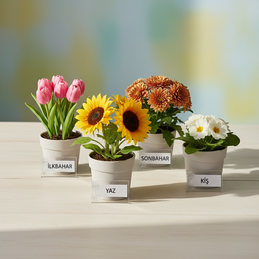Mevsimsel çiçek bakımı bölümünü temsil eden fotoğrafik bir sahne: açık krem rengi bir masa üzerinde dört küçük, mat seramik saksı, her birinde farklı mevsimi simgeleyen çiçekler. İlk saksıda ilkbahar için pembe laleler, ikincisinde yaz için canlı sarı ayçiçekleri, üçüncüsünde sonbahar için kızıl-kahverengi krizantemler, dördüncüsünde kış için beyaz çuha çiçekleri. Her saksının önünde küçük, temiz tasarımlı sezon etiketleri duruyor. Yandan gelen yumuşak, dağılmış doğal ışık her çiçeğin dokusunu ortaya çıkarıyor, masanın üzerine nazik gölgeler düşüyor. Hafif yukarıdan, düzenli bir grid kompozisyonuyla çekilmiş, arka plan hafif pastel tonda bulanık; atmosfer açıklayıcı, düzenli ve ilham verici.